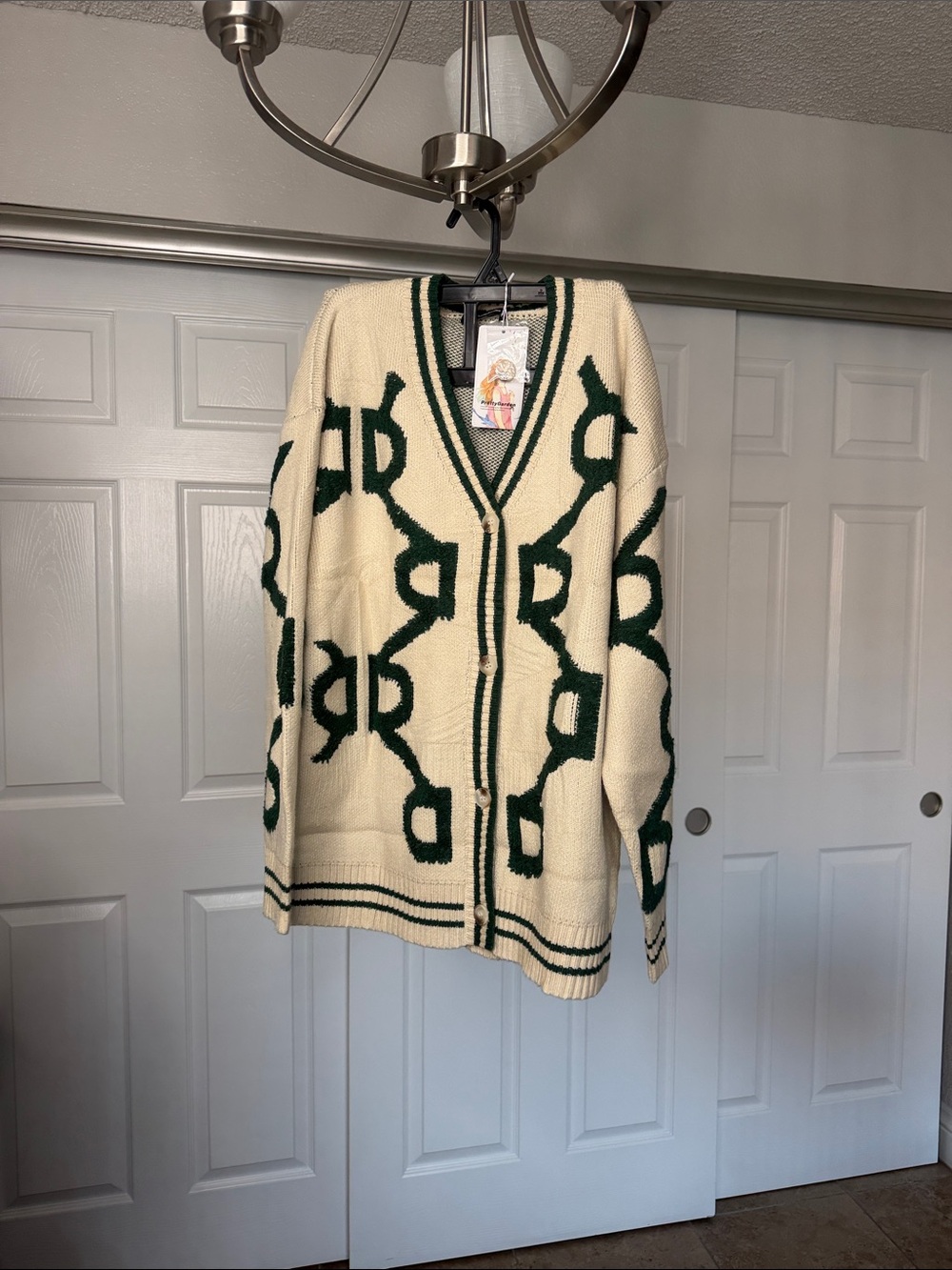 Beige and Green Open-Front Knit Cardigan Sweater - Picture 4 of 4